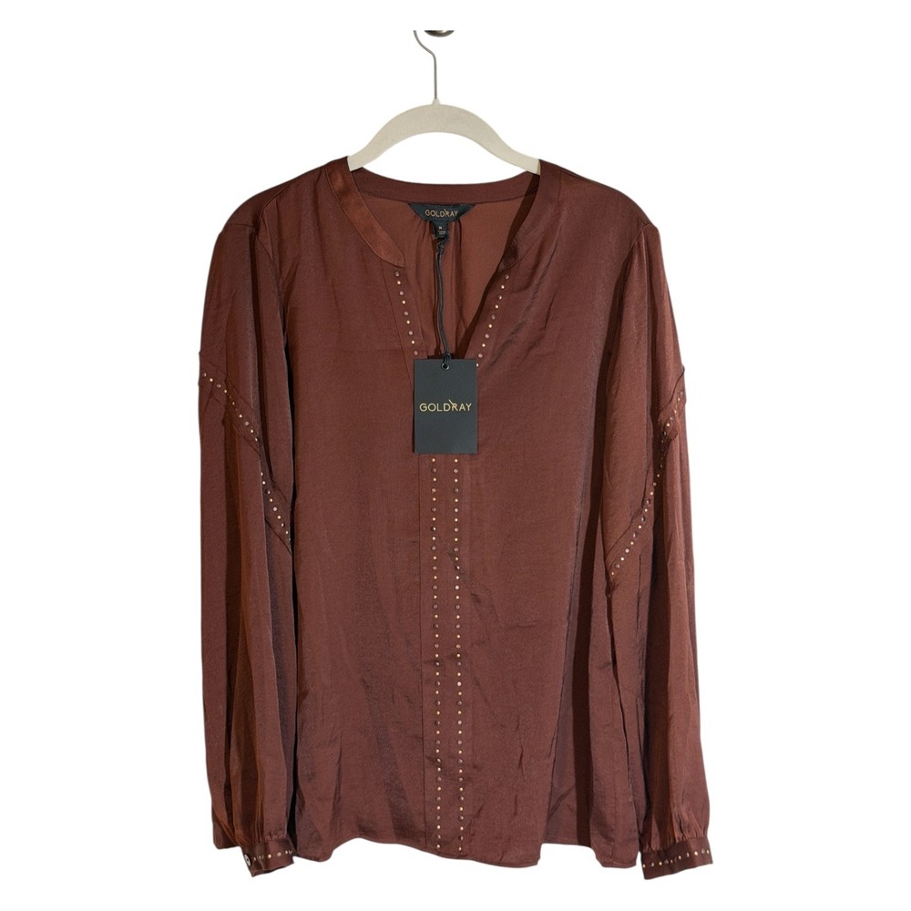 Goldray Studded V-Neck Blouse Brown M Womens Long Sleeve Satin Top NEW